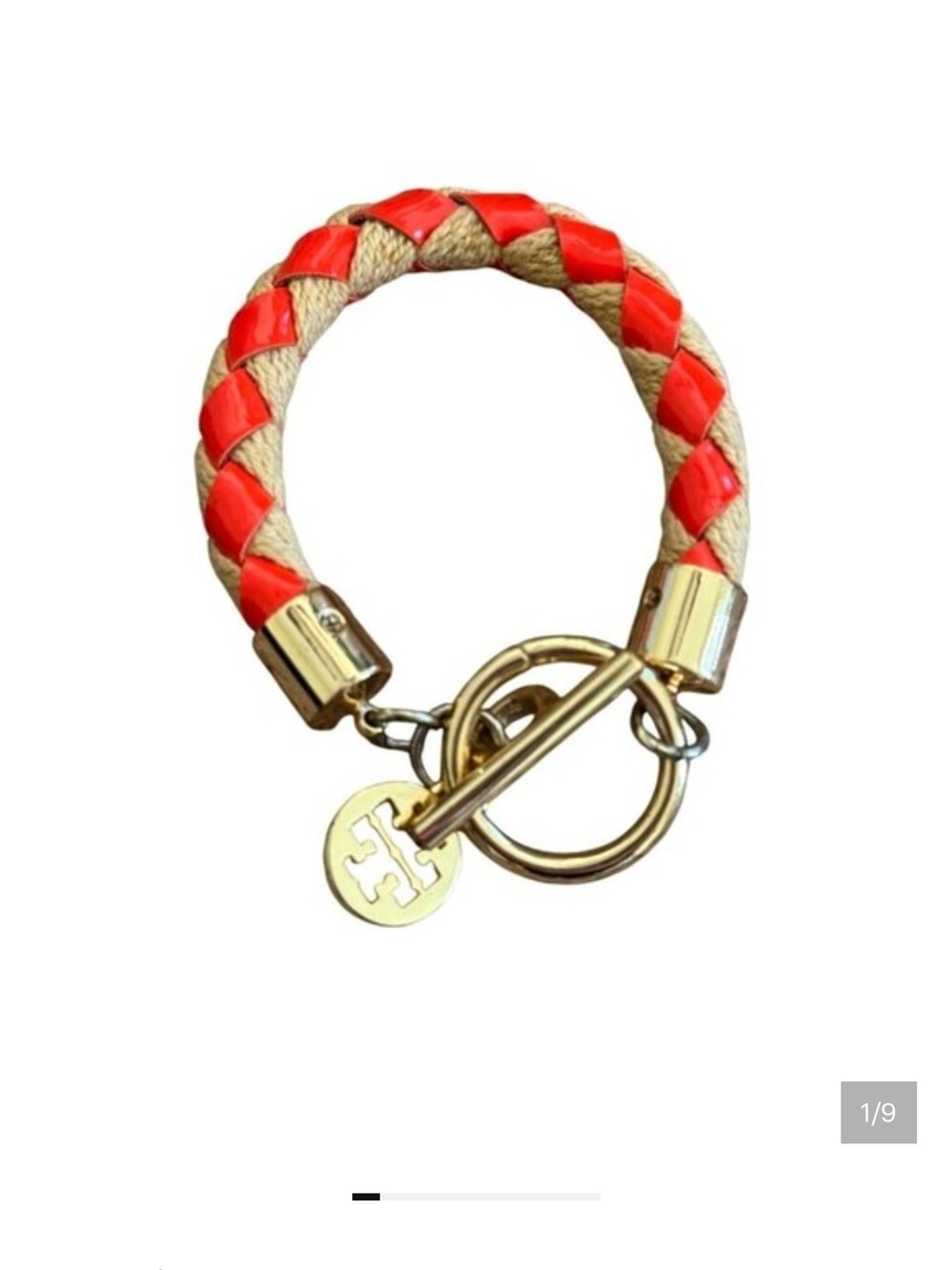 TORY BURCH Braided Rope & Orange Patent Leather Bracelet Gold Toggle